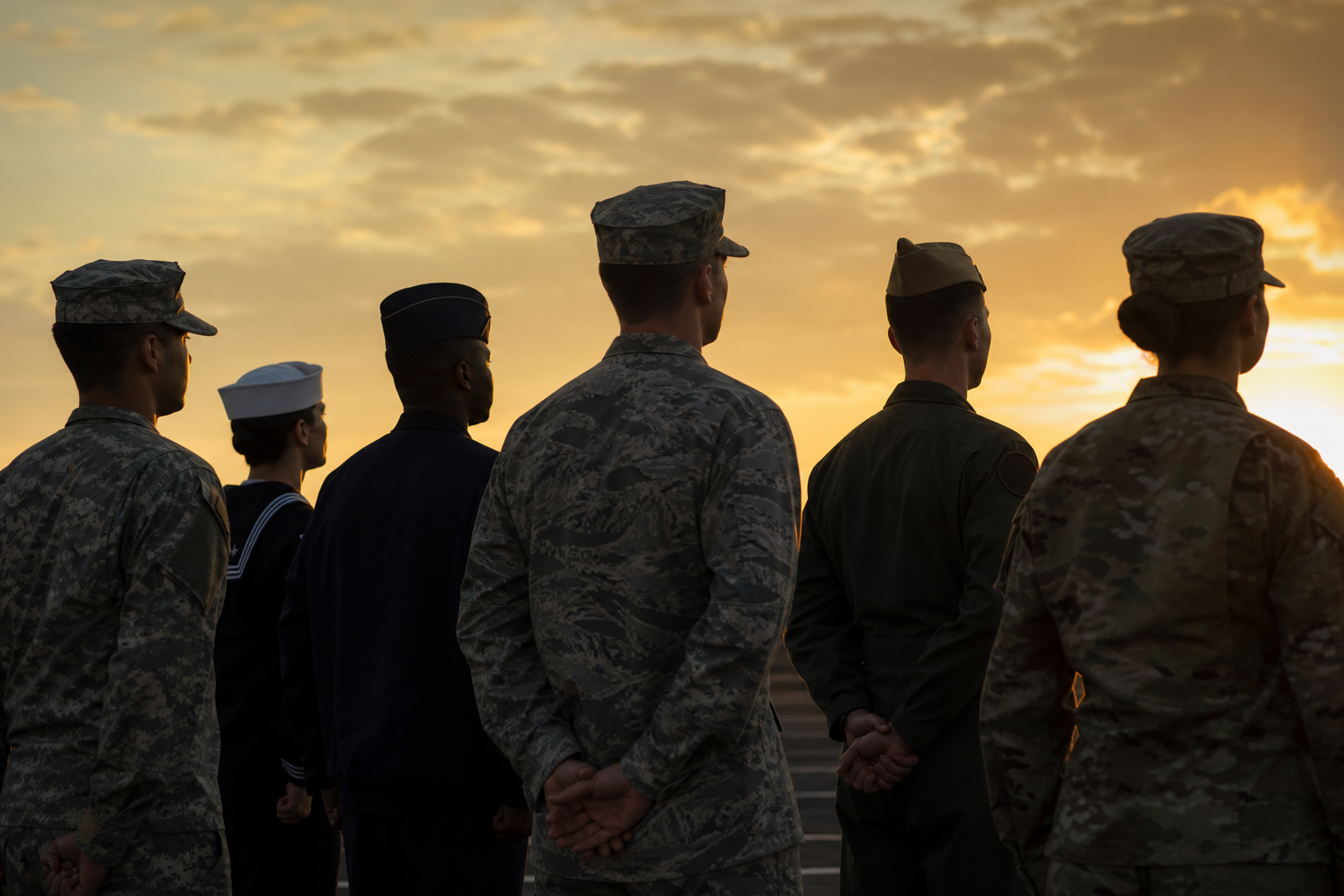Service members in formation at sunrise