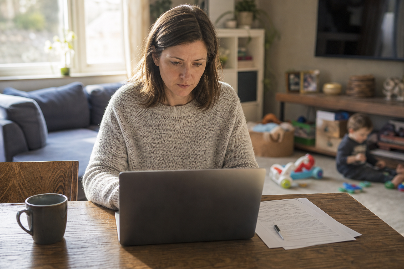 Family member completing a personnel form at home