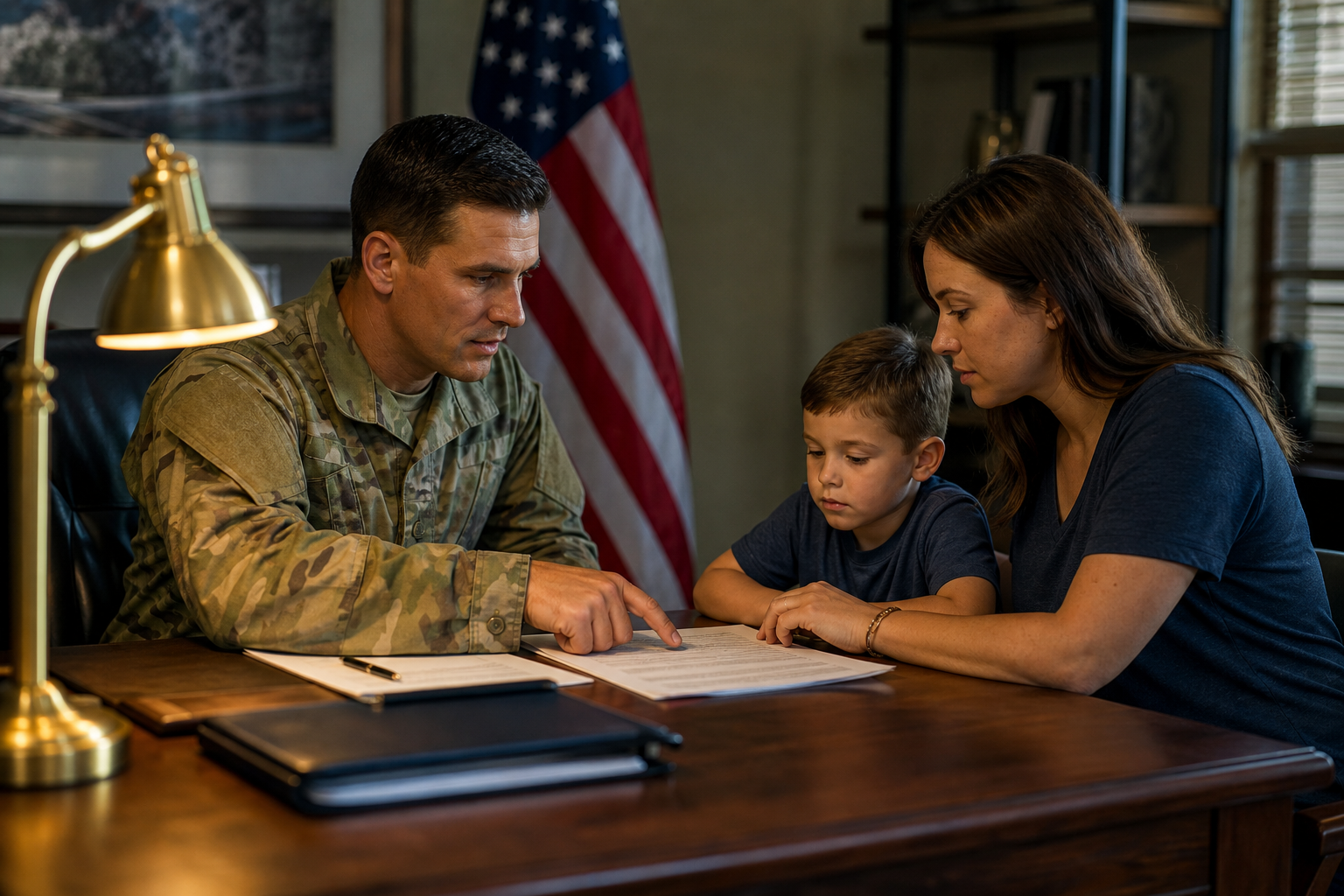 Service member and family reviewing personnel paperwork at a desk