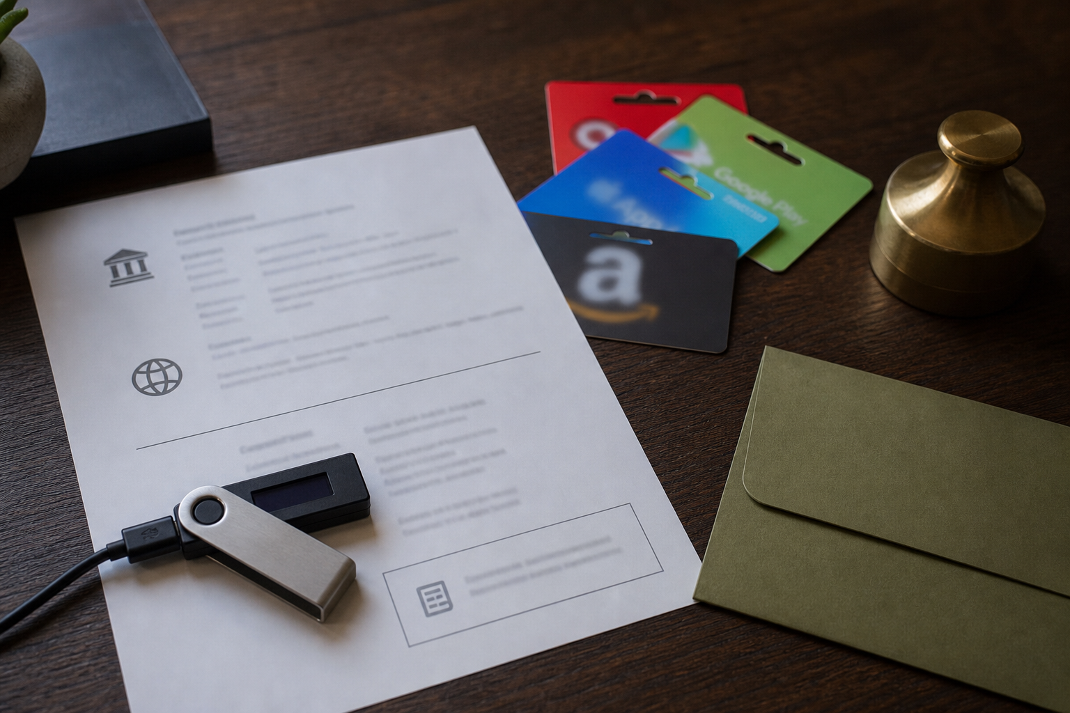 Wire instructions, crypto wallet, and gift cards prepared for a filing