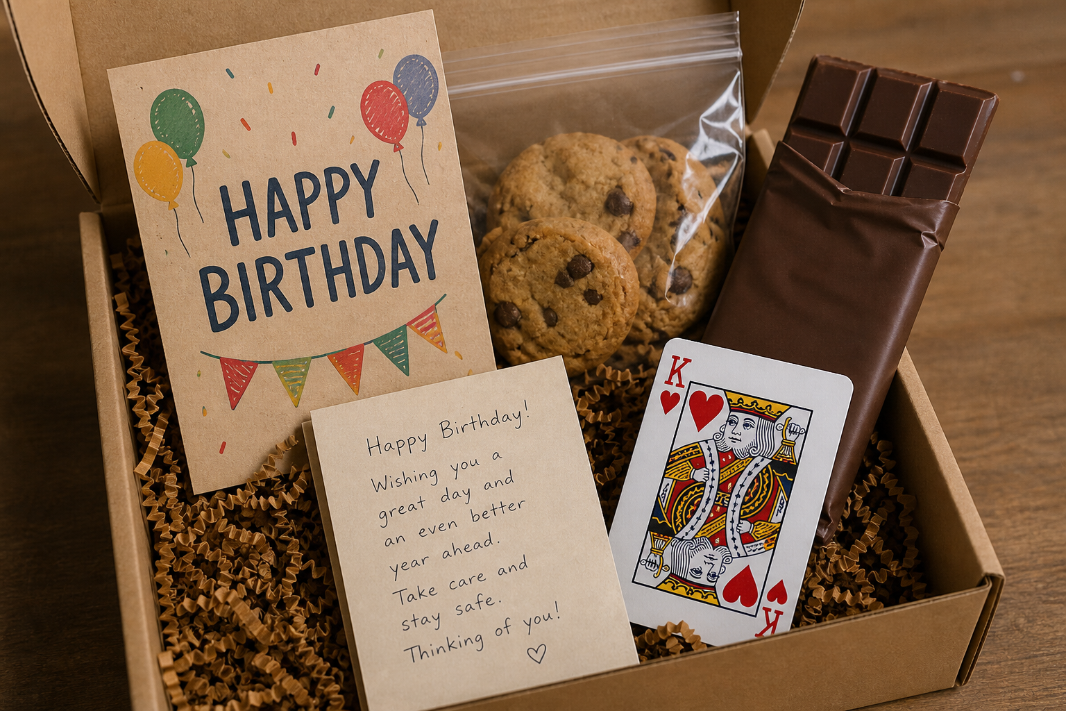 Birthday morale pack with a birthday card, chocolate, cookies, and playing cards