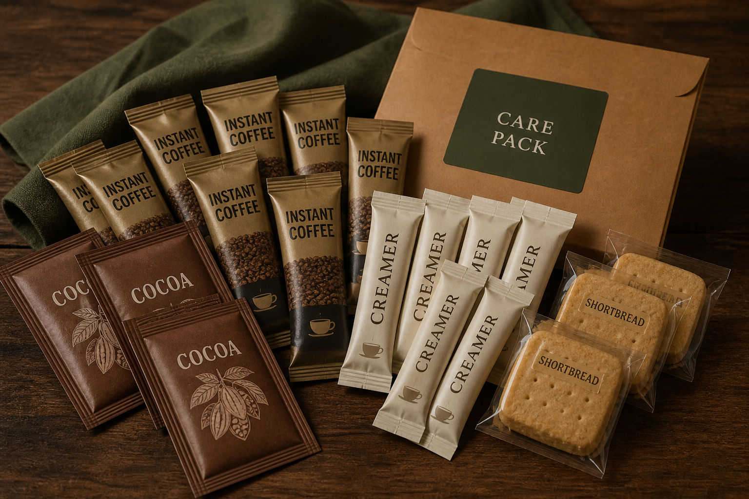 Coffee house pack with instant coffee, cocoa, creamer, and cookies