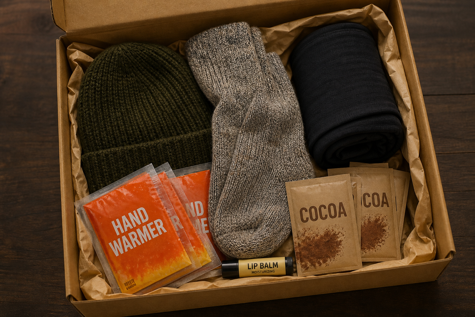 Cold weather pack with beanie, wool socks, hand warmers, and cocoa