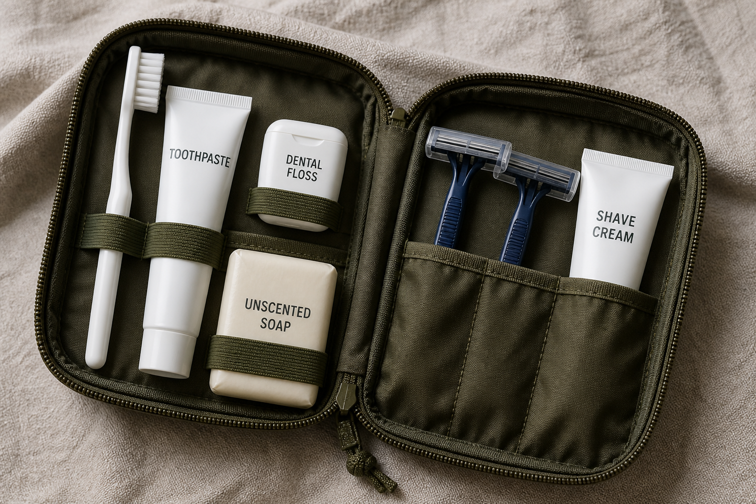 Dental and shave kit with toothbrush, toothpaste, floss, razors, and shave cream
