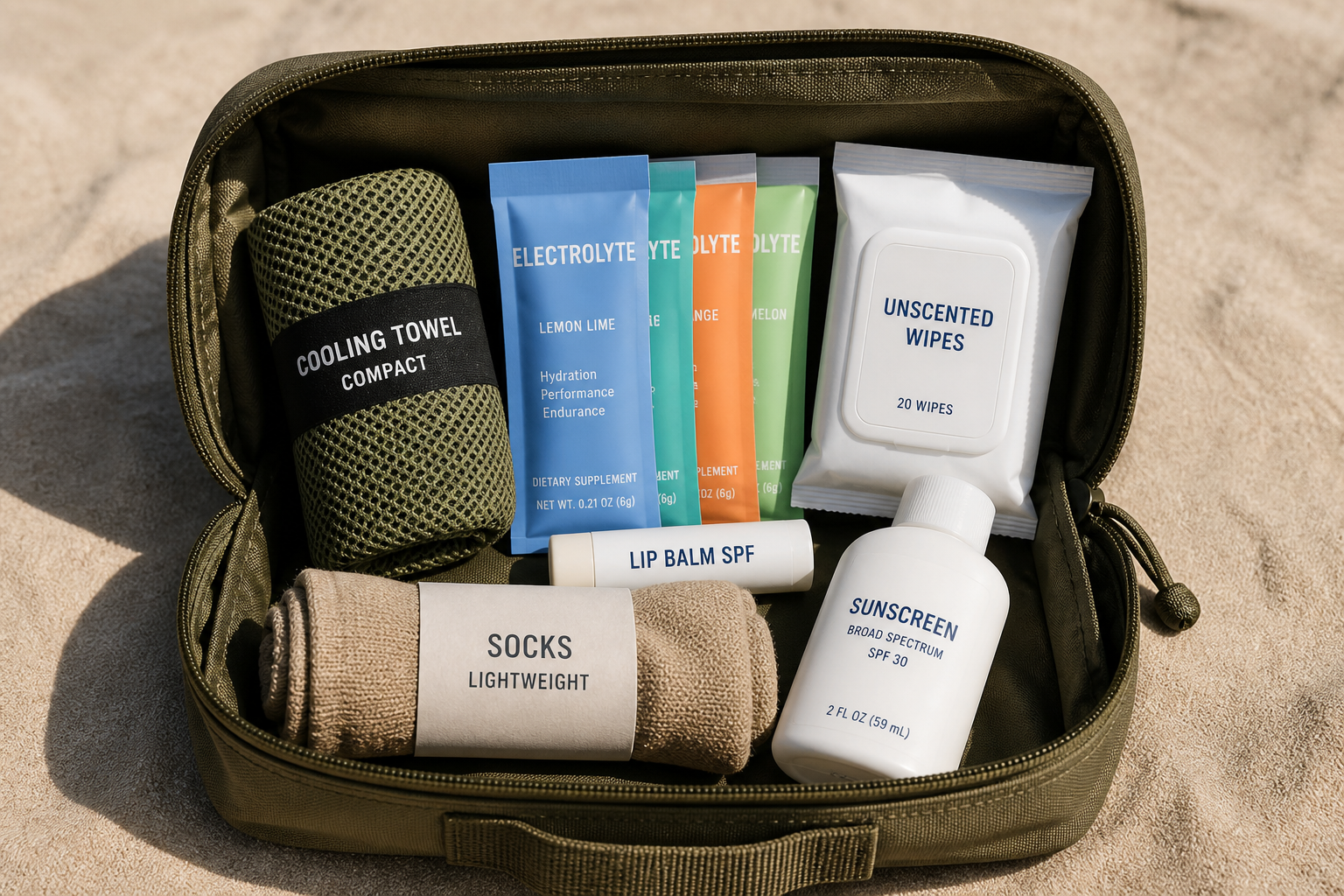 Desert heat pack with cooling towel, electrolyte packets, sunscreen, and light socks