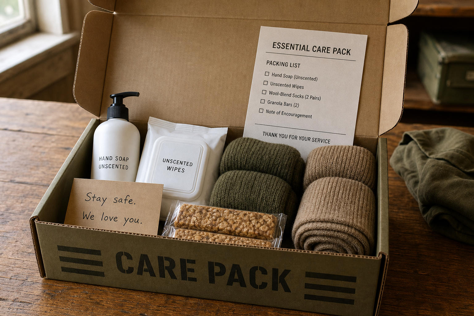 Essential care pack opened: hygiene kit, wool socks, snacks, and a handwritten note