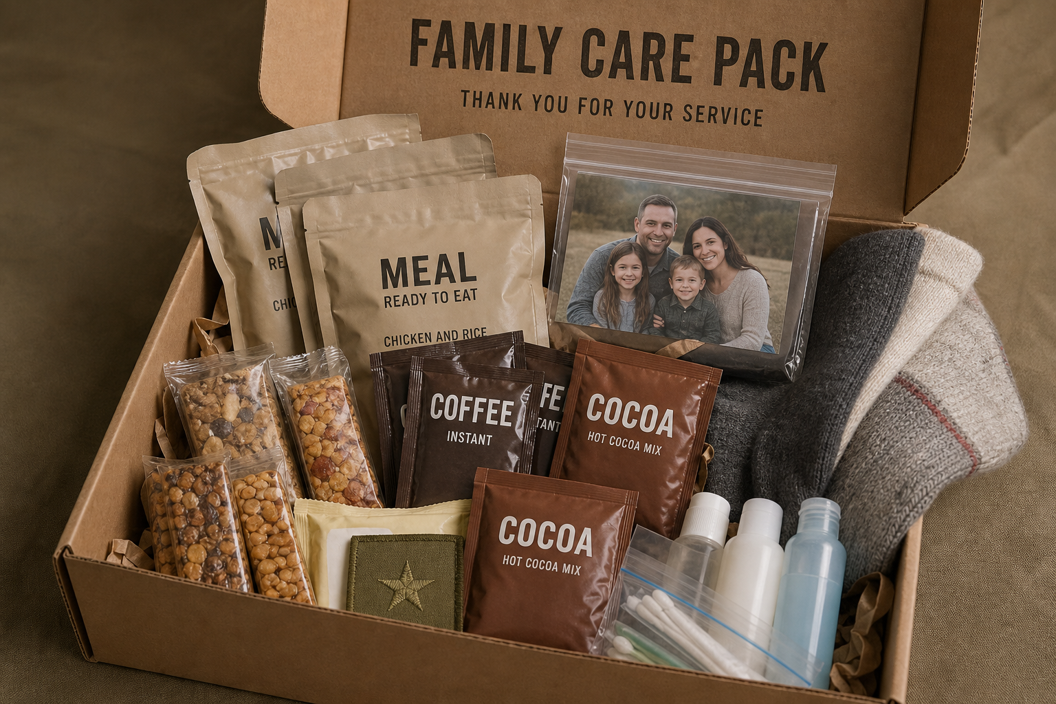 Family care pack with extra meals, coffee, cocoa, photo sleeve, and morale patch
