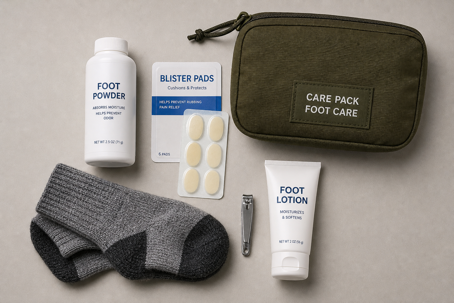 Foot care pack with foot powder, blister pads, wool socks, and lotion