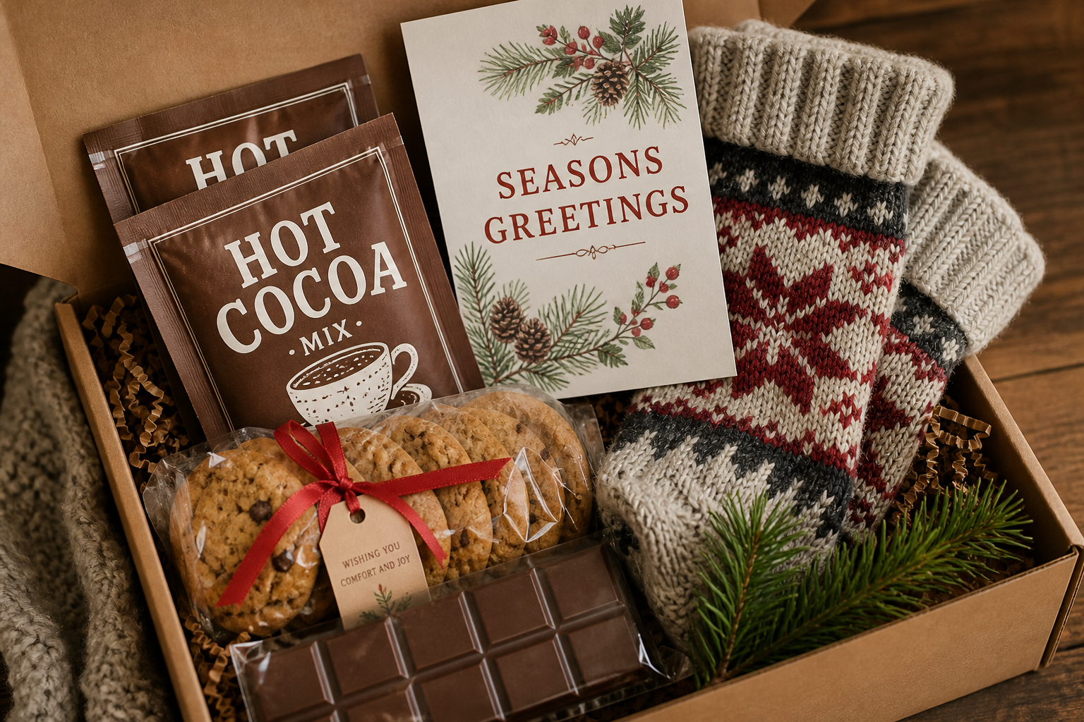 Holiday comfort pack with cocoa, cookies, socks, and a seasons greetings card