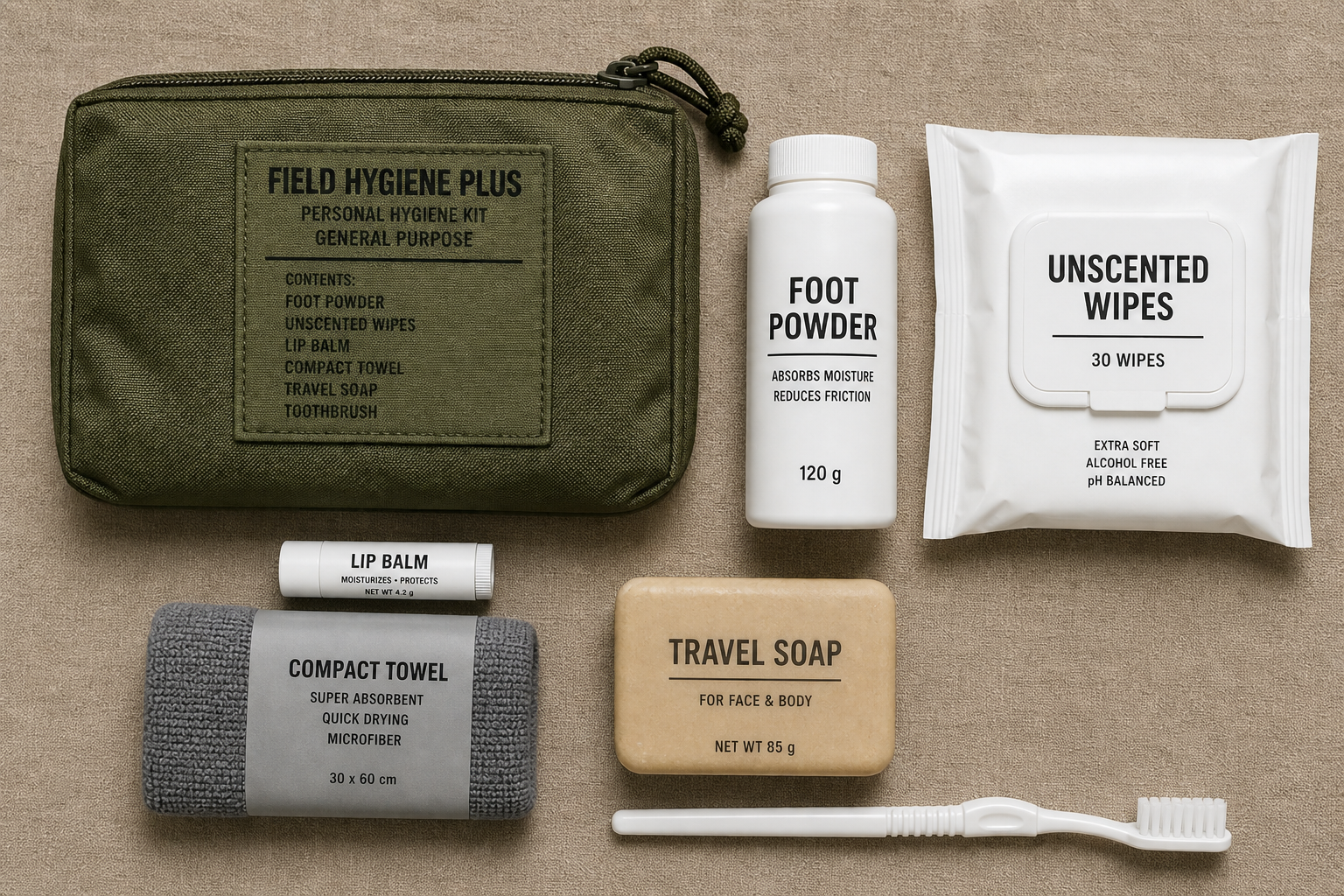 Field hygiene plus: foot powder, unscented wipes, lip balm, pack towel, and soap