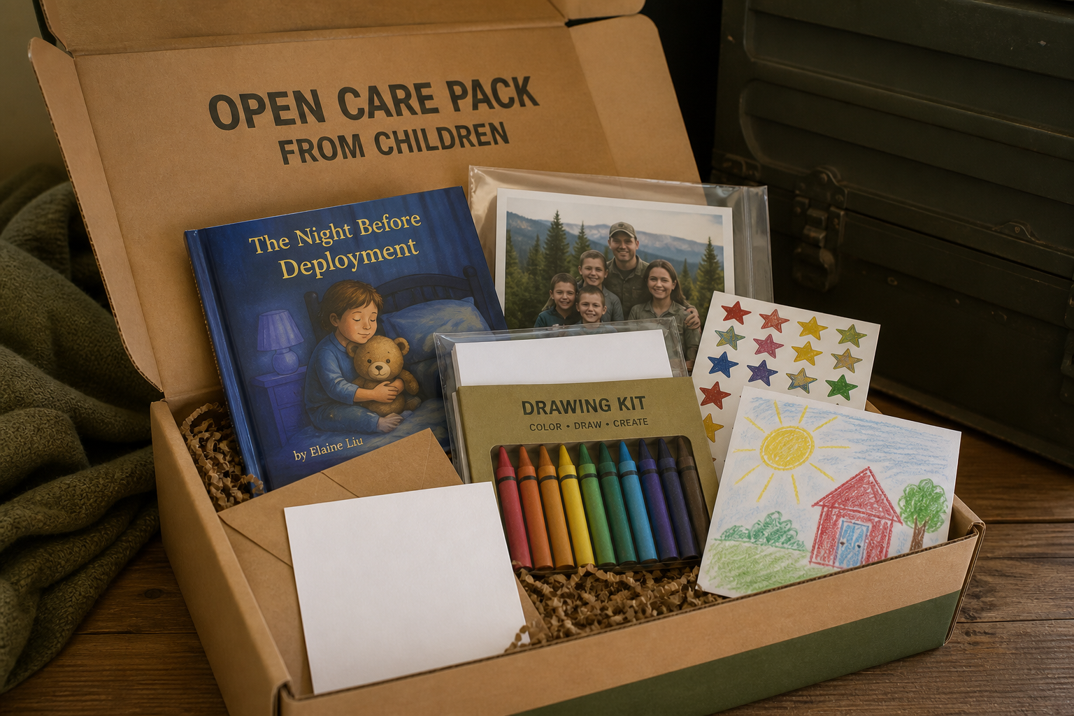 Kids connection pack: storybook, drawing kit, photo sleeve, and a message from children