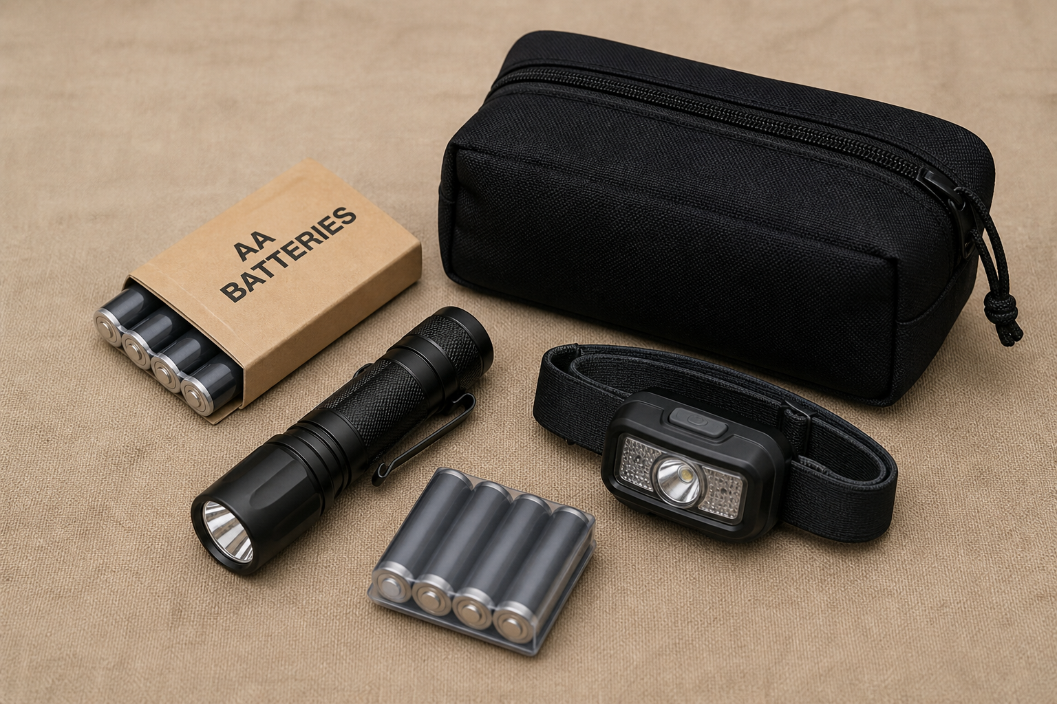 Battery and light pack with AA batteries, flashlight, and headlamp