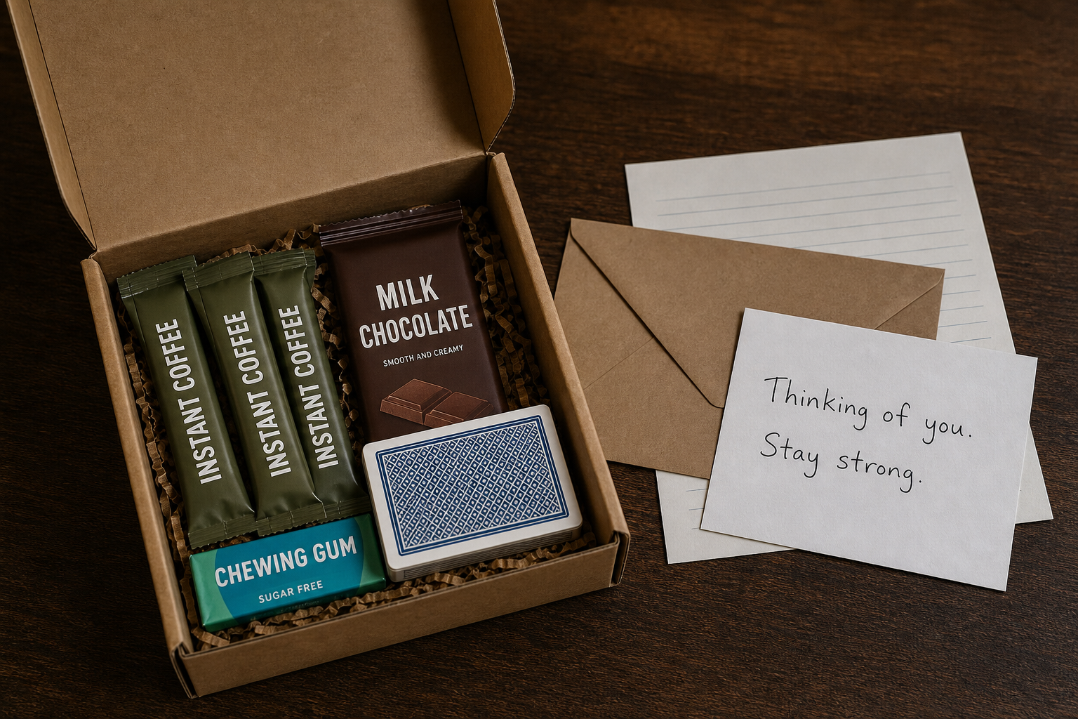 Morale fuel pack: instant coffee, chocolate, playing cards, and letter paper
