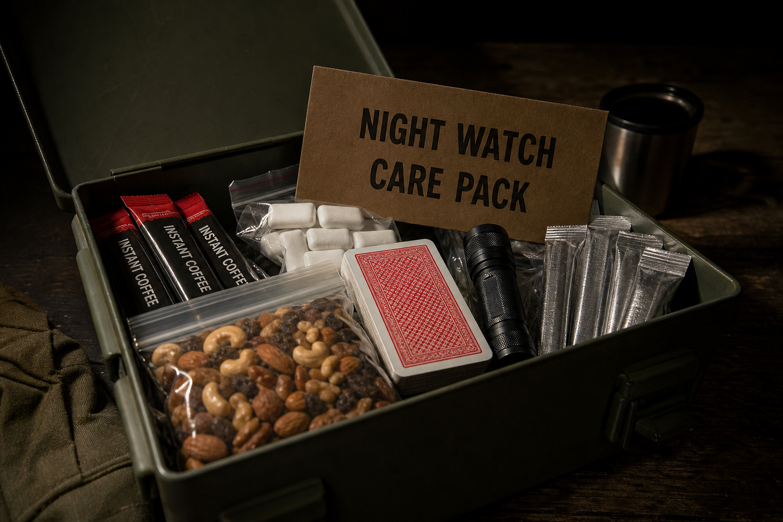 Night watch pack with coffee, gum, trail mix, cards, and a flashlight