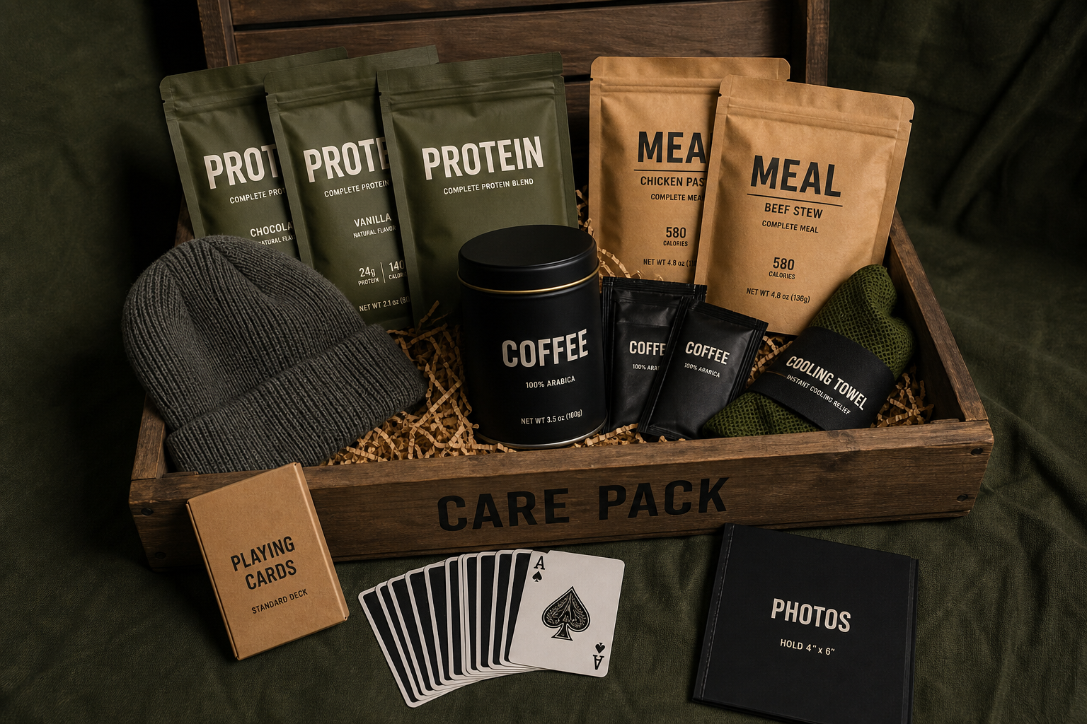 Premium care crate with coffee, protein pouches, playing cards, and climate extras