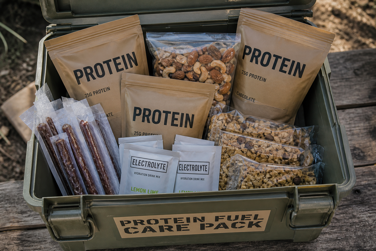 Protein fuel pack with protein pouches, nuts, jerky sticks, and electrolytes