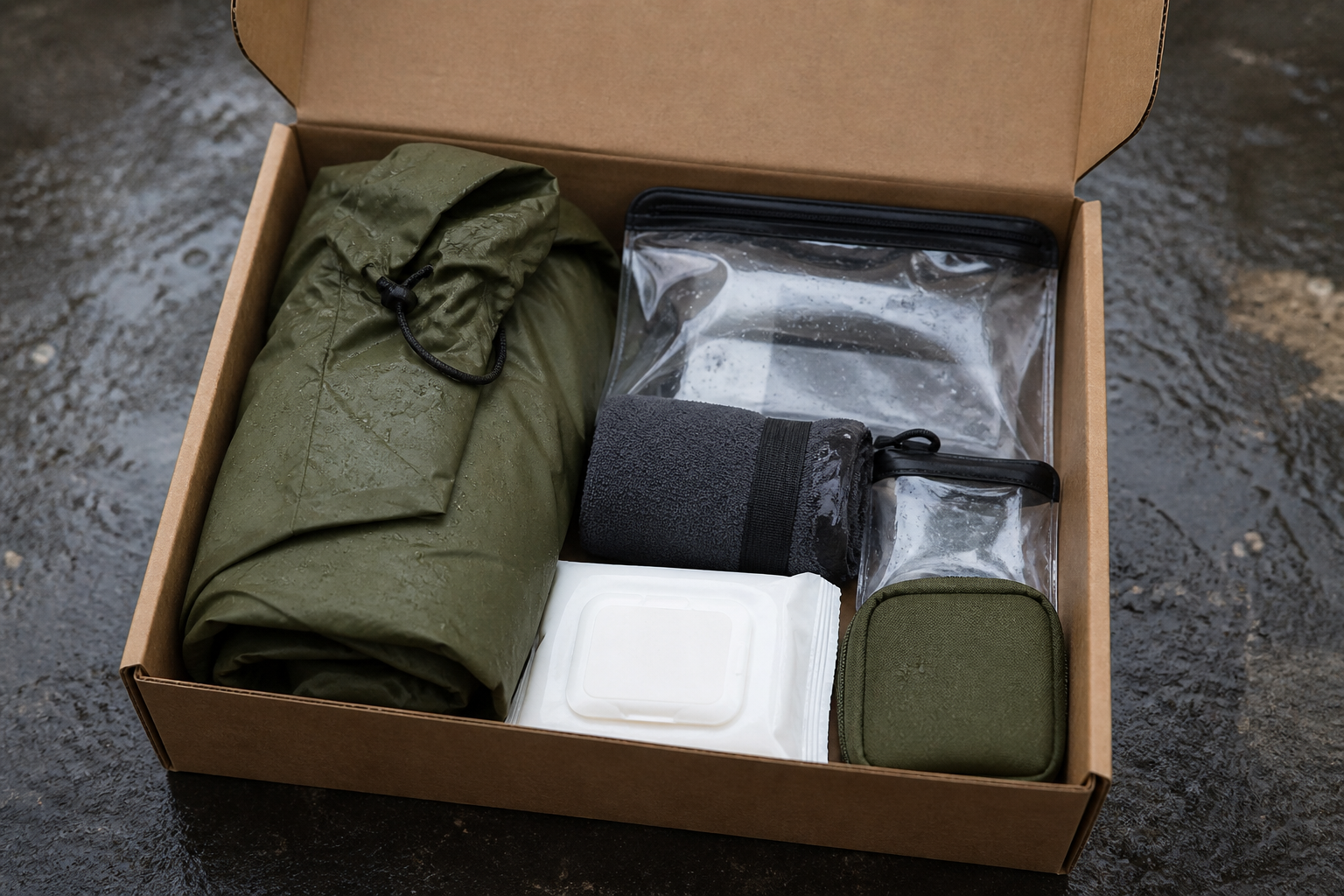 Rain gear pack with poncho, dry bags, and a pack towel