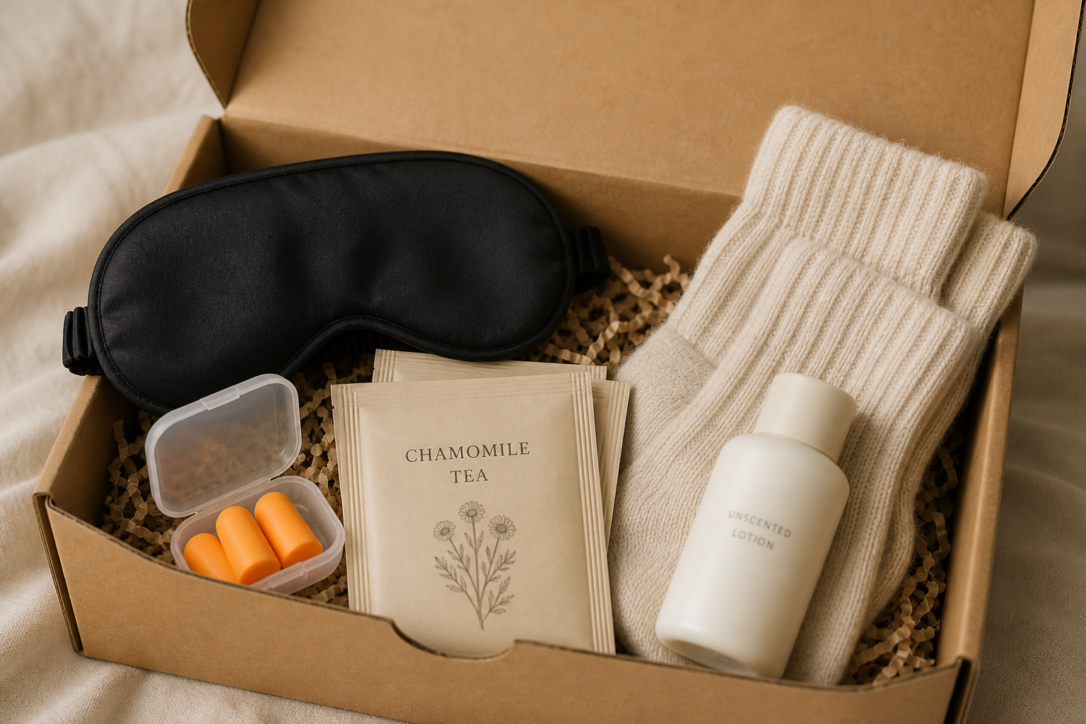 Sleep recovery pack with eye mask, earplugs, socks, and tea