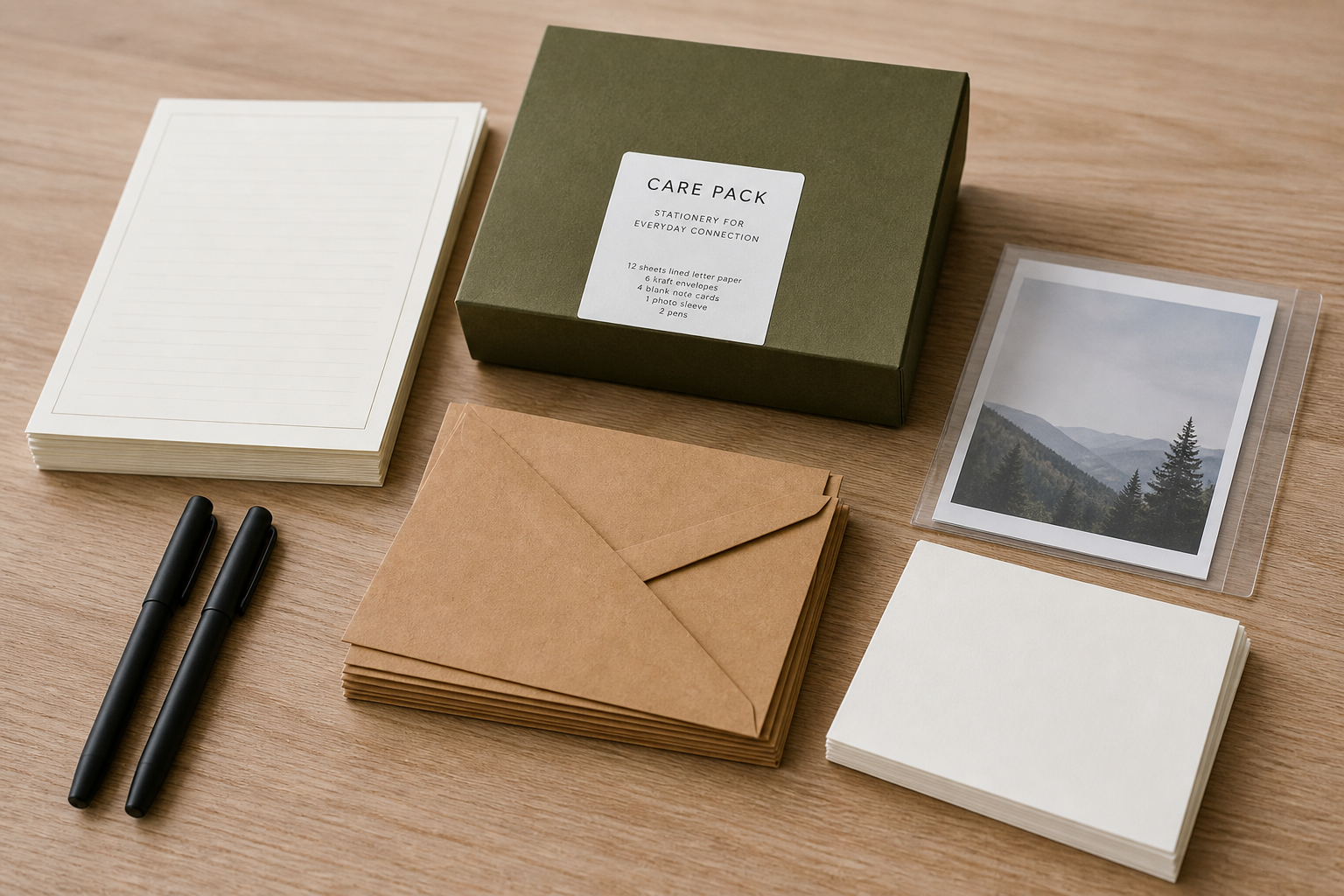 Stationery pack with letter paper, envelopes, pens, and a photo sleeve