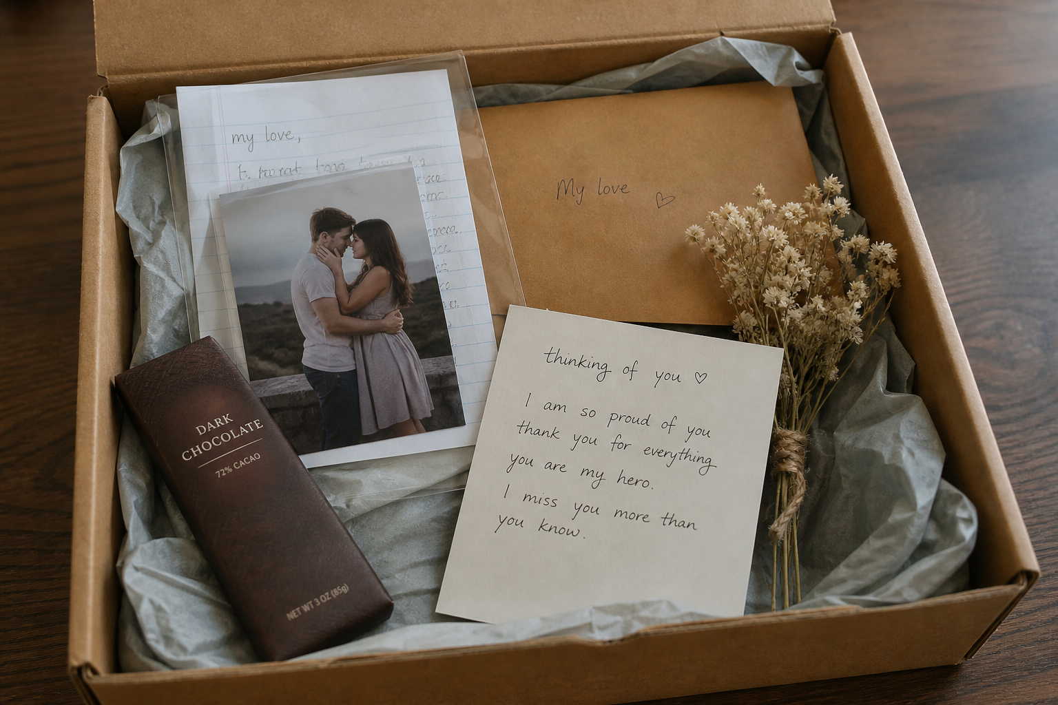 Sweetheart pack with photo sleeve, letter set, chocolate, and a note