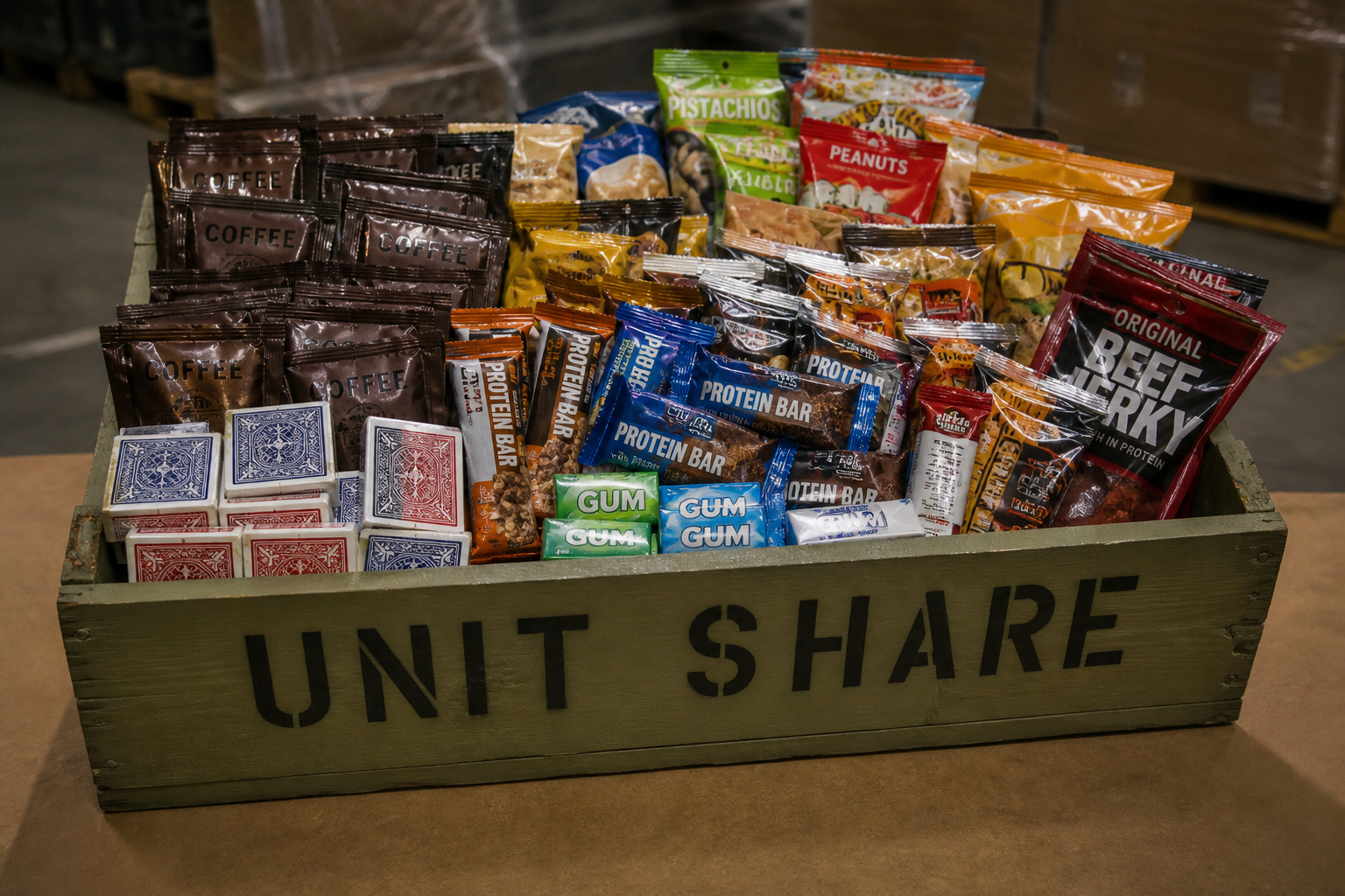 Unit share crate with bulk snacks, coffee, and playing cards for a squad