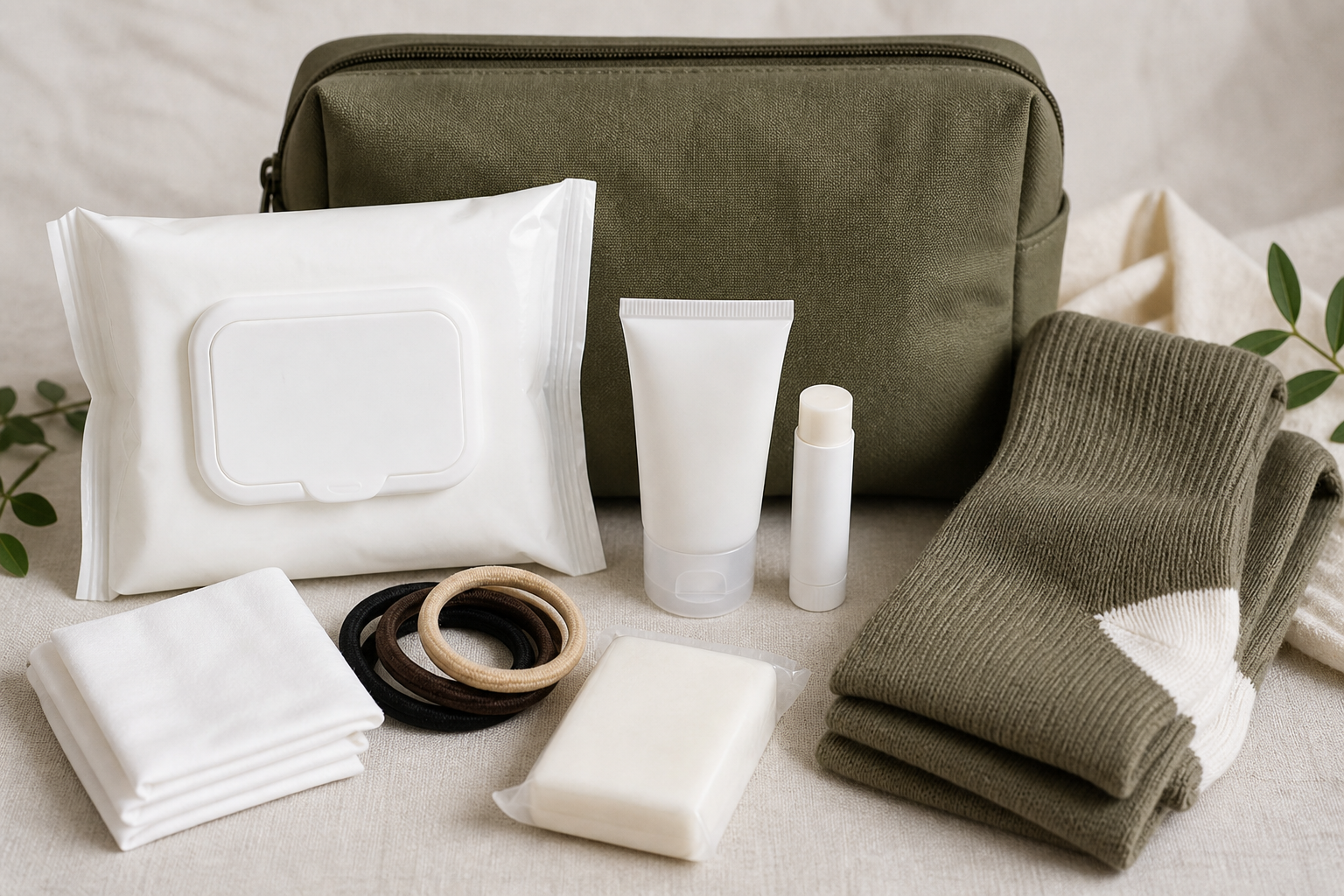 Women’s field hygiene kit with wipes, hair ties, lotion, lip balm, and soap
